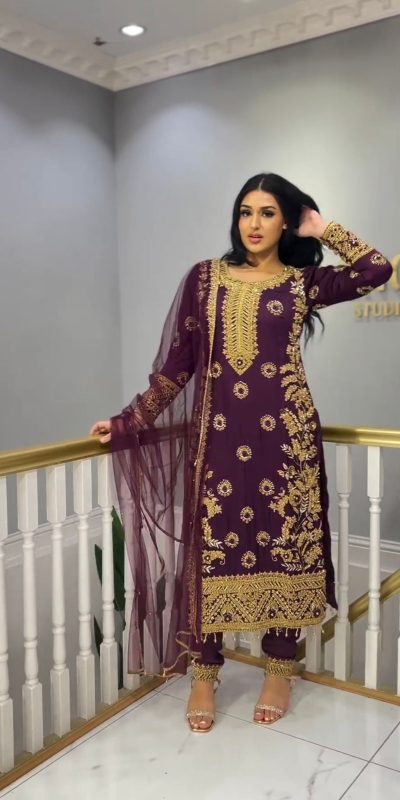 Sublime Purple Color Chinnon Silk Embroidery Sequence Salwar Suit