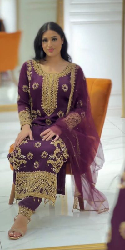 Sublime Purple Color Chinnon Silk Embroidery Sequence Salwar Suit