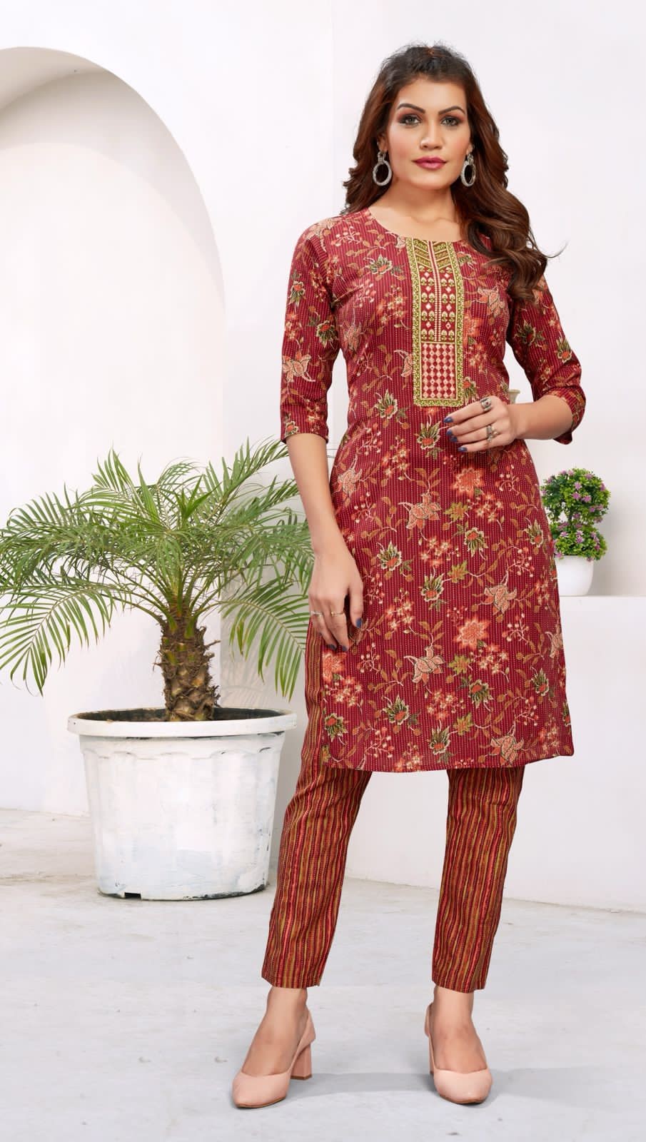 Sublime Red Color Cambric Cotton Print Embroidery Work Kurti