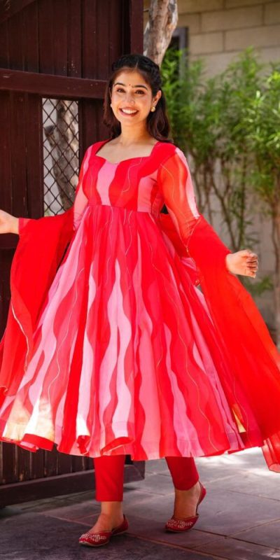 Sublime Red Color Tabby Silk Organza Digital Printed Salwar Suit