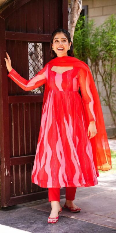 Sublime Red Color Tabby Silk Organza Digital Printed Salwar Suit