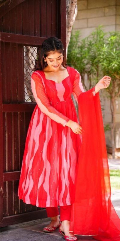 Sublime Red Color Tabby Silk Organza Digital Printed Salwar Suit