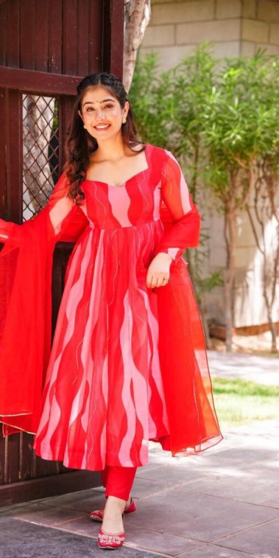 Sublime Red Color Tabby Silk Organza Digital Printed Salwar Suit