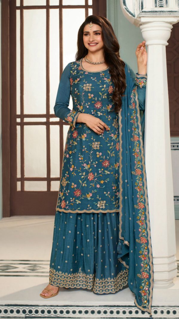 Superb Blue Color Chinon Embroidery Multi Work Salwar Suit