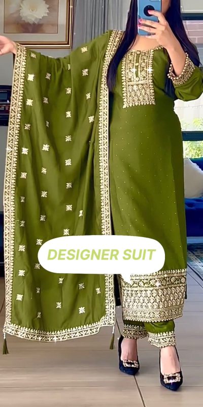 Superb Green Color Chinnon Silk Embroidery Sequins Sharara Suit
