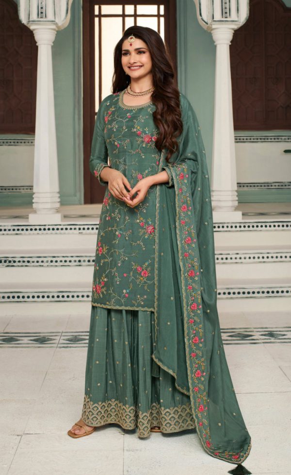 Superb Green Color Chinon Embroidery Multi Work Salwar Suit