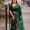 Green Plain Linen Digital Printed All Over Work Saree