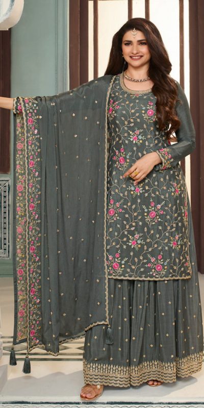 Superb Grey Color Chinon Embroidery Multi Work Salwar Suit