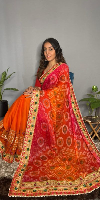 Superb Orange Color Chiffon Material Double Shaded Saree