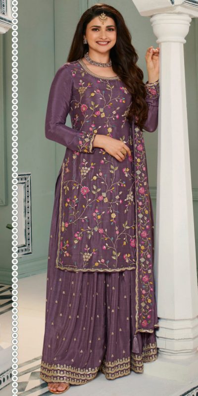 Superb Purple Color Chinon Embroidery Multi Work Salwar Suit