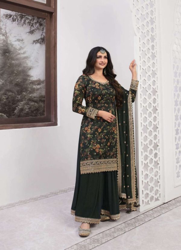 Superb Stone Green Color Vichitra Digital Print Embroidery Salwar Suit
