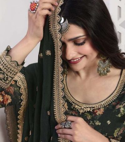 Superb Stone Green Color Vichitra Digital Print Embroidery Salwar Suit