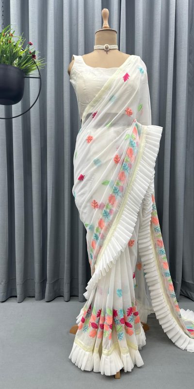 Superb White Color Faux Georgette Thread With Fancy Ruffle Saree