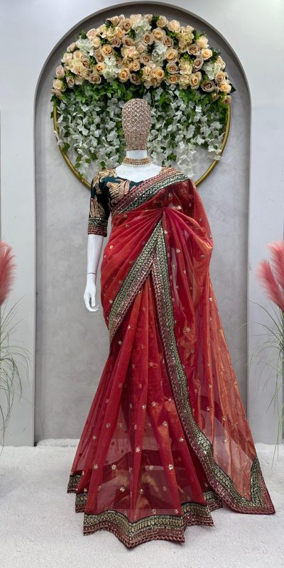 Aglow Red Color Jimmy choo Thread & Sequence Work Saree