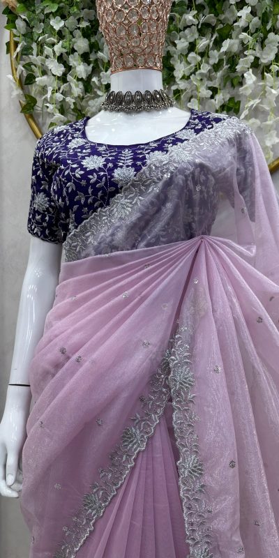Cute Light Violet Color Jimmy Choo Thread Sequence Work Saree