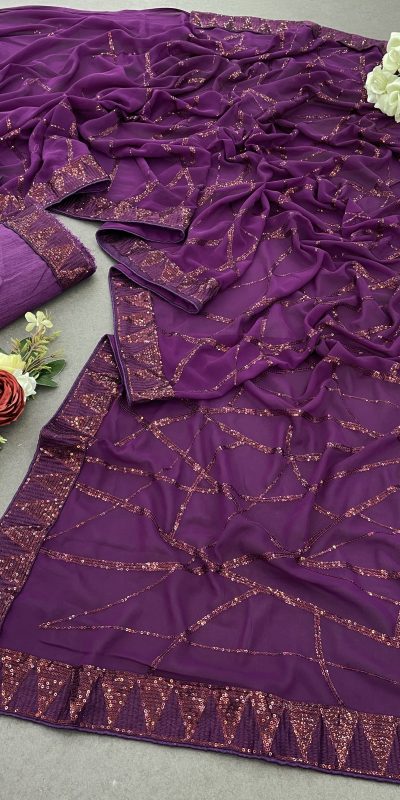 Glamorous Purple Color Georgette Sequins Embroidery Work Saree