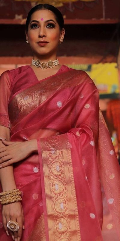 Grand Red Color Organza Jacquard Butti Worked Saree
