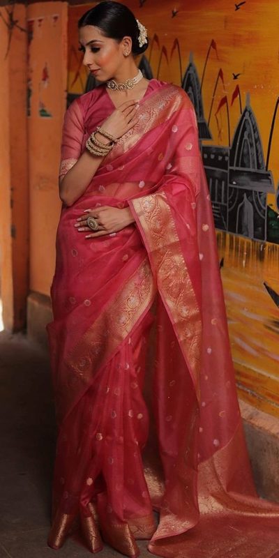Grand Red Color Organza Jacquard Butti Worked Saree