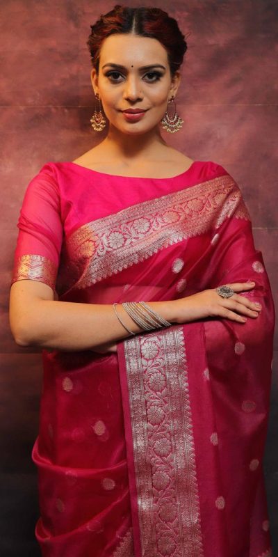 Grand Rose Pink Color Organza Jacquard Butti Worked Saree
