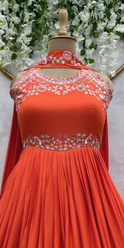 Majestic Orange Color Maslin silk Thread Work Anarkali Suit