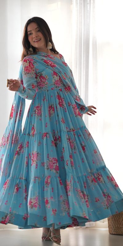 Sightly Blue Color Soft Faux Georgette Floral Printed Anarkali Suit