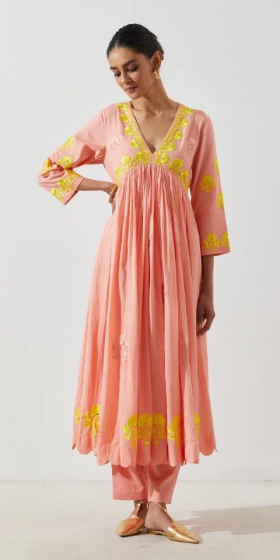 Special Peach Color Maslin Cotton Thread Embroidery Anarkali Suit