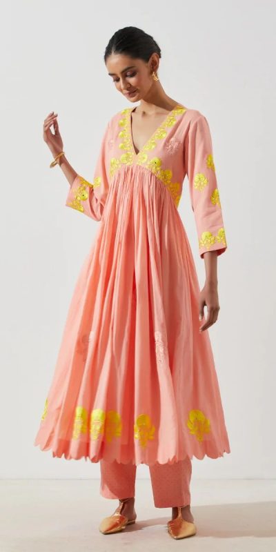 Special Peach Color Maslin Cotton Thread Embroidery Anarkali Suit