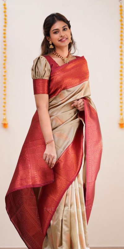 Sublime Golden Color Soft Silk Copper Zari Design Spread Saree