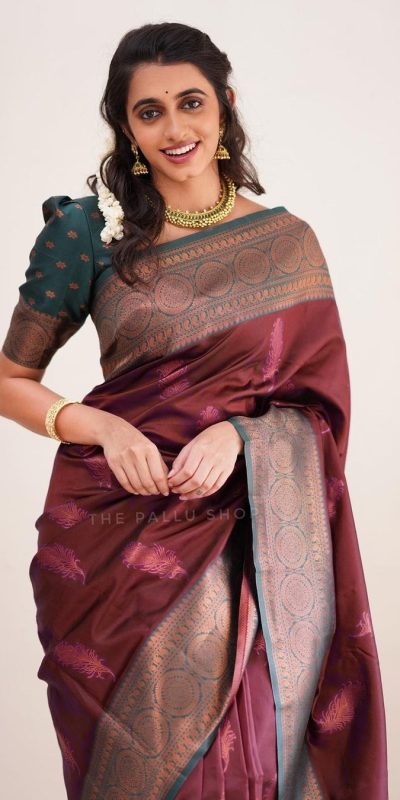 Sublime Maroon Color Soft Silk Copper Zari Design Spread Saree