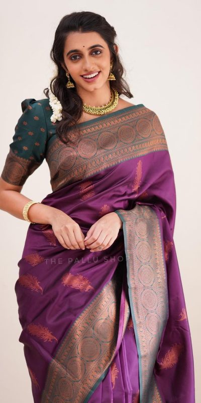 Sublime Purple Color Soft Silk Copper Zari Design Spread Saree