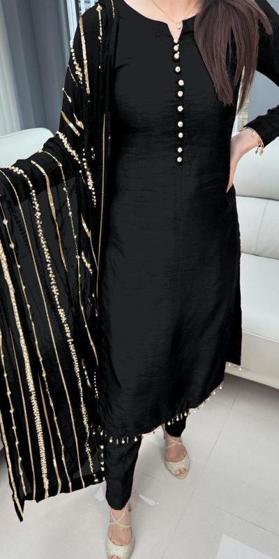 Aglow Black Chinnon Silk Embroidery Coding Dori Salwar Suit