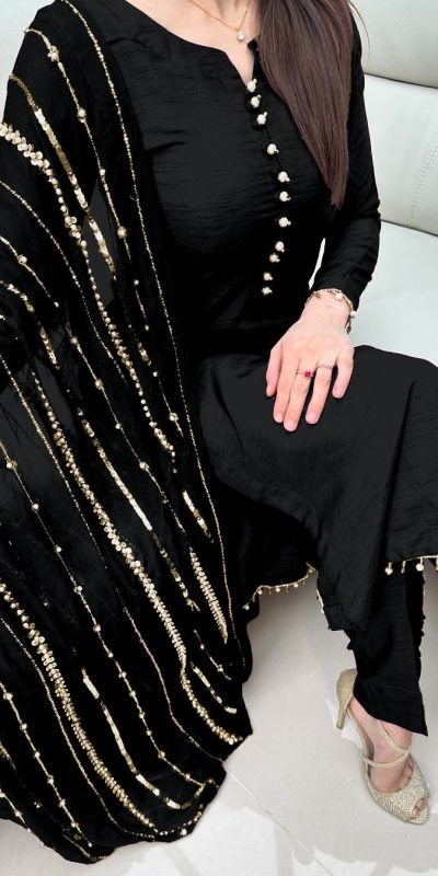 Aglow Black Chinnon Silk Embroidery Coding Dori Salwar Suit