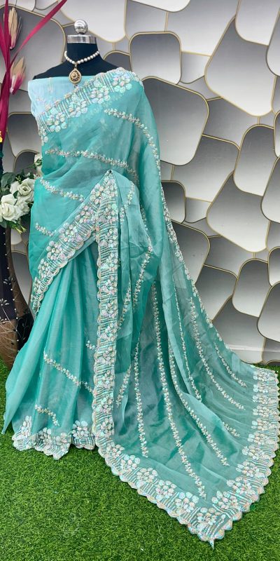 Aglow Blue Color Jimi Choo Silk Beautiful Embroidery Saree