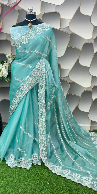 Aglow Blue Color Jimi Choo Silk Beautiful Embroidery Saree