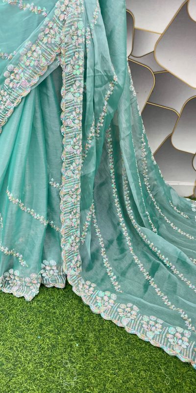 Aglow Blue Color Jimi Choo Silk Beautiful Embroidery Saree