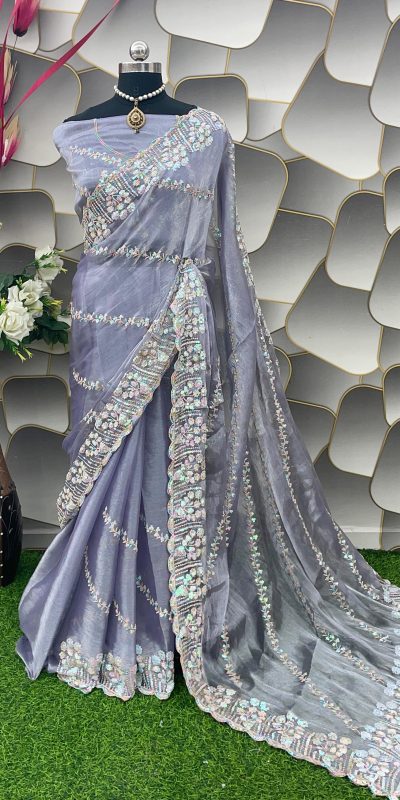 Aglow Light Violet Color Jimi Choo Silk Beautiful Embroidery Saree