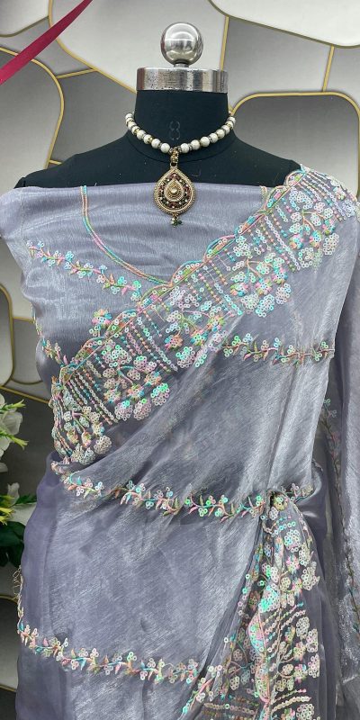 Aglow Light Violet Color Jimi Choo Silk Beautiful Embroidery Saree