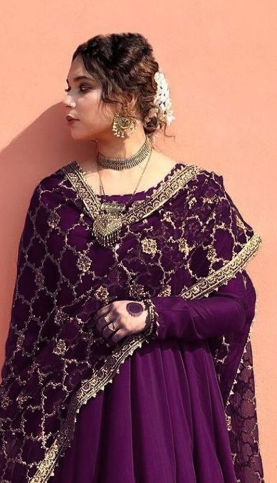 Alluring Purple Color Georgette Embroidery Sequence Salwar Suit