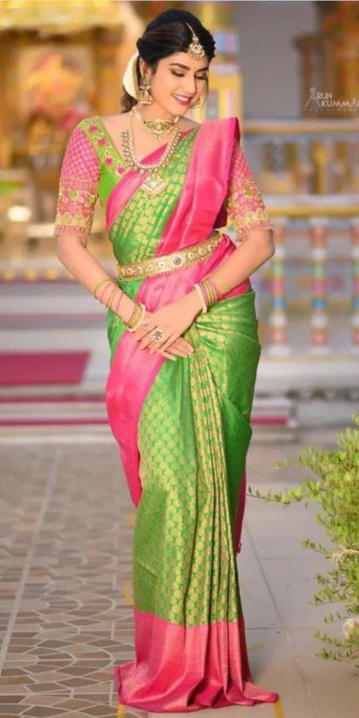 Artful Parrot Green Color Soft Lichi Silk Jacquard All Over Saree