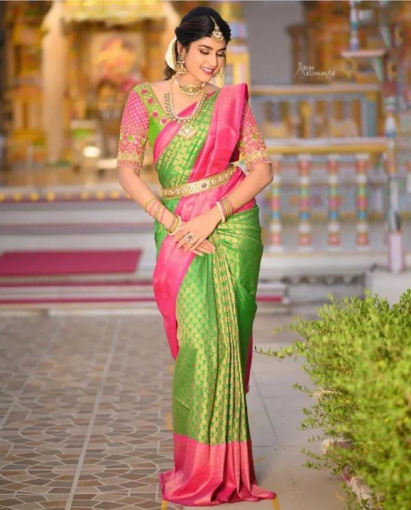 Artful Parrot Green Color Soft Lichi Silk Jacquard All Over Saree