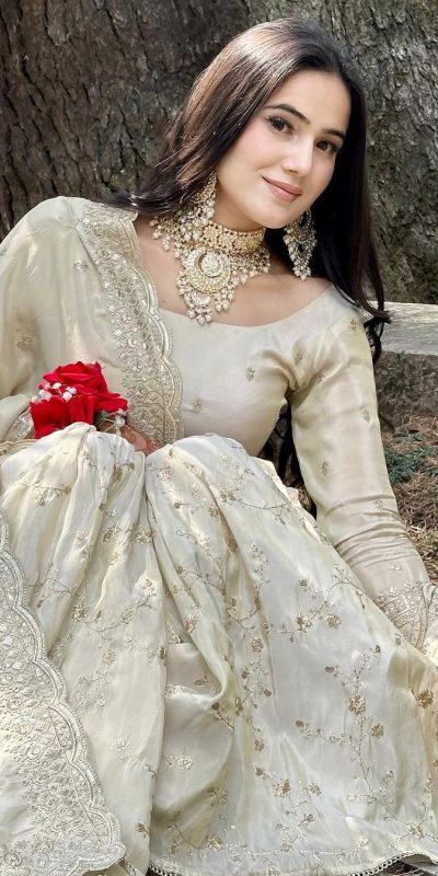 Attractive Grey Color Chinnon Silk Embroidery Work Salwar Suit