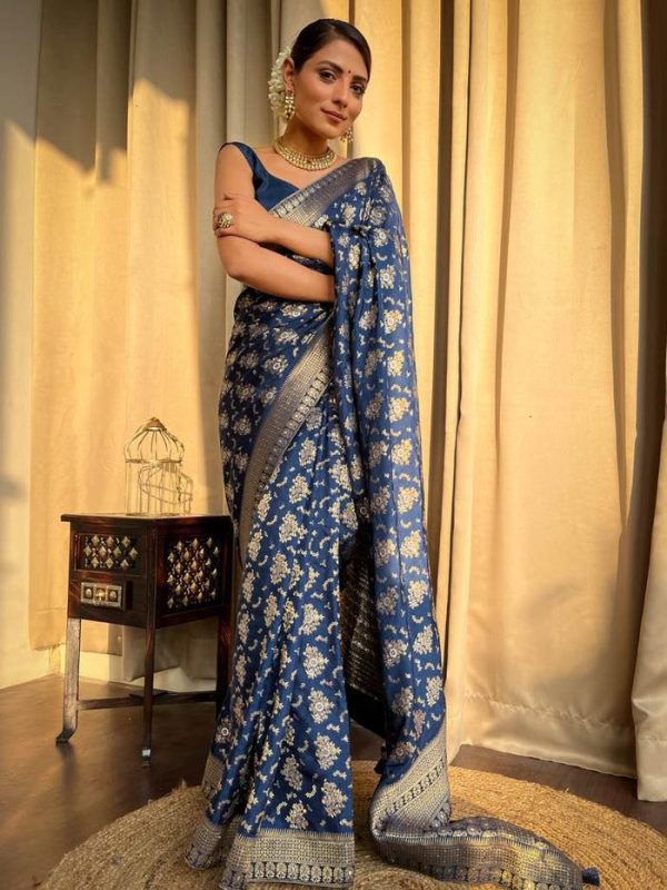 Beautiful Blue Color Soft Lichi Silk Jacquard All Over Work Saree
