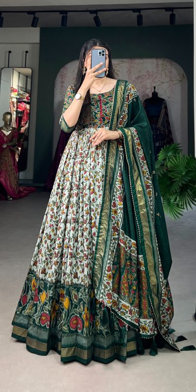 Classic Green Color Tussar Silk Floral Print With Foil Print Gown