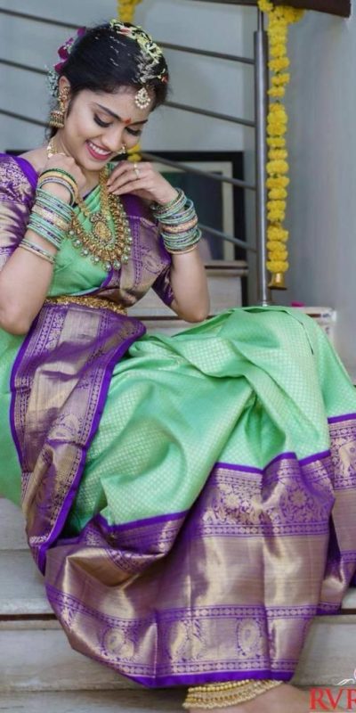 Border Saree Matching Jewellery For Green Saree Pista Green Soft