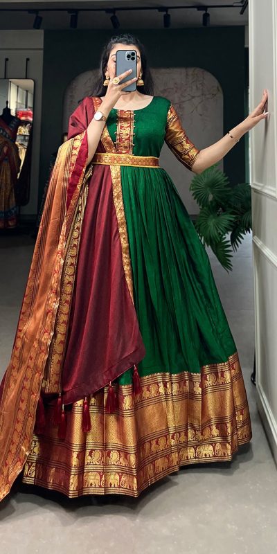 Dazzling Green Color Narayan Pet Zari Weaving Work Gown