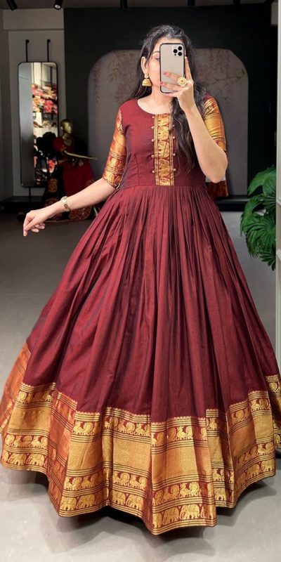 Dazzling Maroon Color Narayan Pet Zari Weaving Work Gown
