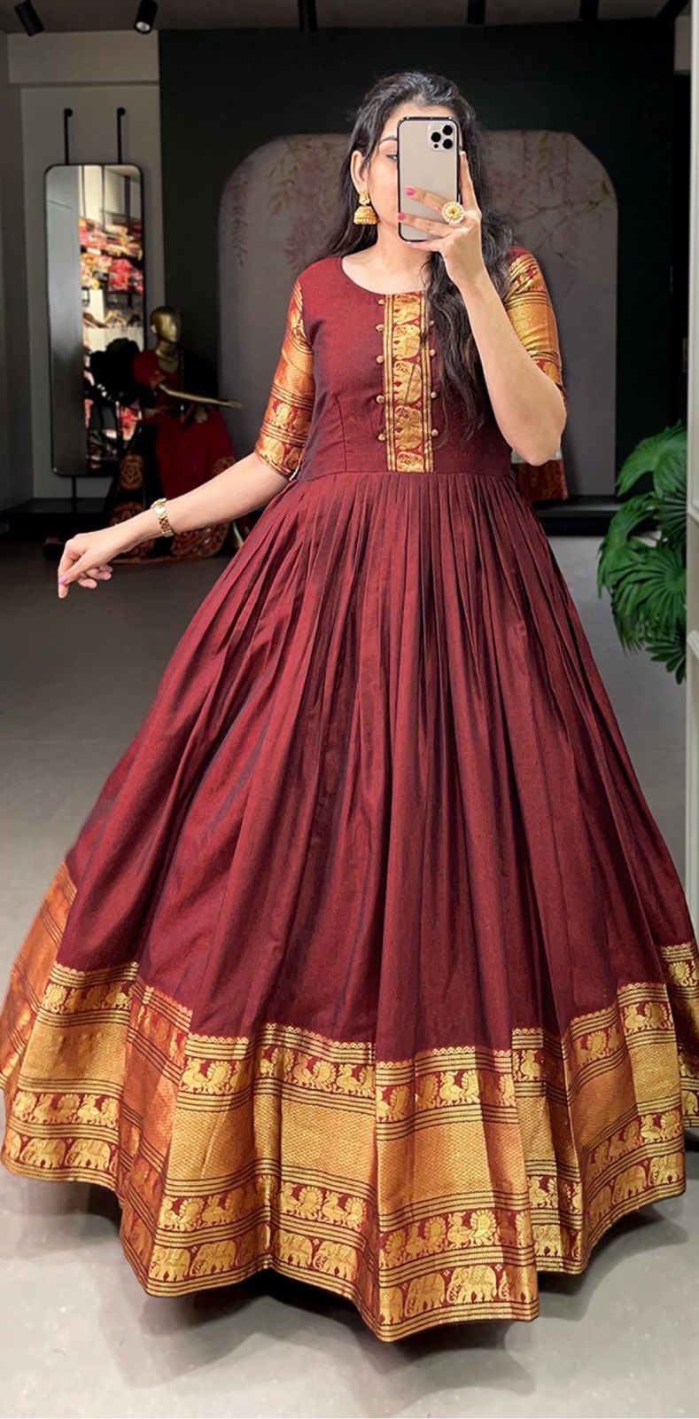 Dazzling Maroon Color Narayan Pet Zari Weaving Work Gown