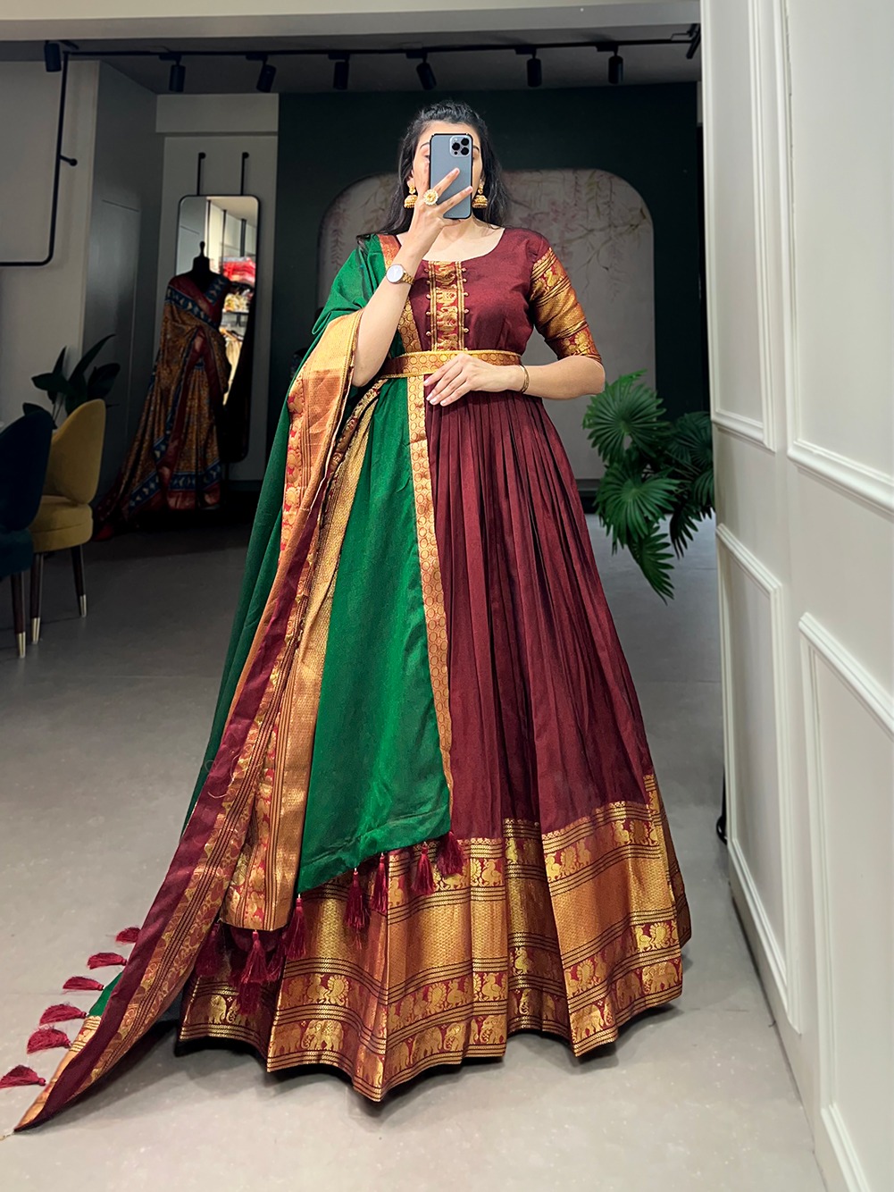 Dazzling Maroon Color Narayan Pet Zari Weaving Work Gown