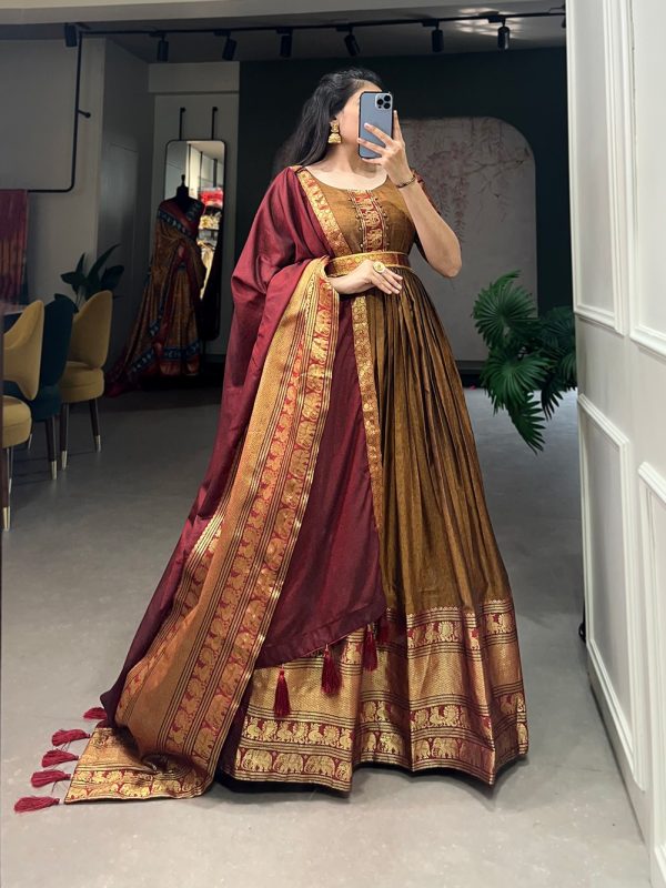 Dazzling Mustard Color Narayan Pet Zari Weaving Work Gown