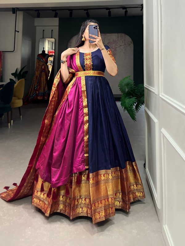 Dazzling Navy Blue Color Narayan Pet Zari Weaving Work Gown